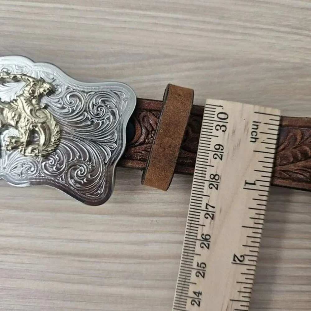 Western Top Grain Leather Belt‎ XS 28 JUSTIN Brown Tooled Rodeo Cowboy Buckle